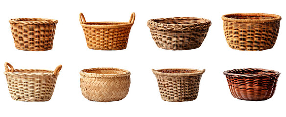 Set of Eight Woven Baskets in Various Shapes and Sizes Isolated on Transparent Background for Storage or Decorative Use
