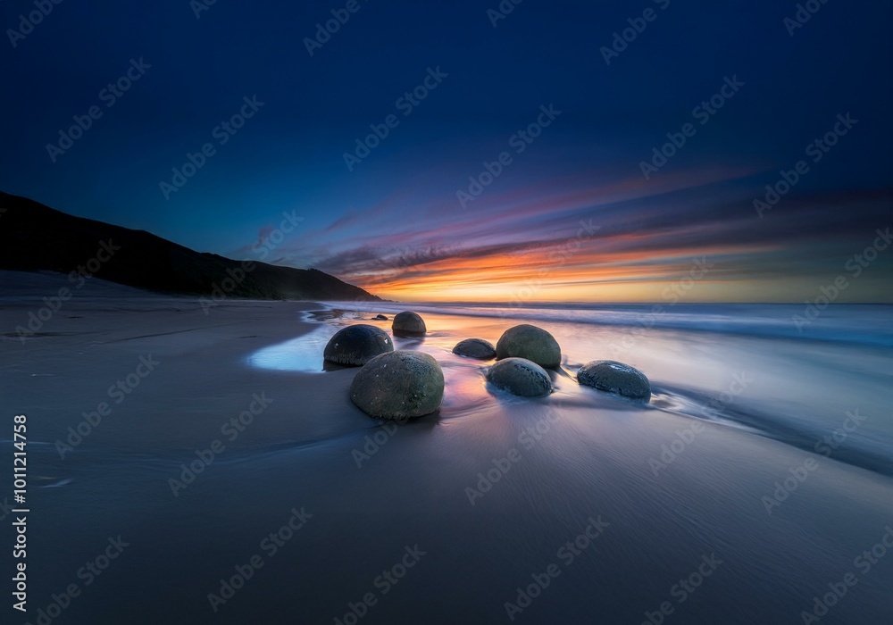 Aufkleber a group of smooth, round boulders rest on the beach at sunset, with the ocean receding in the backgr