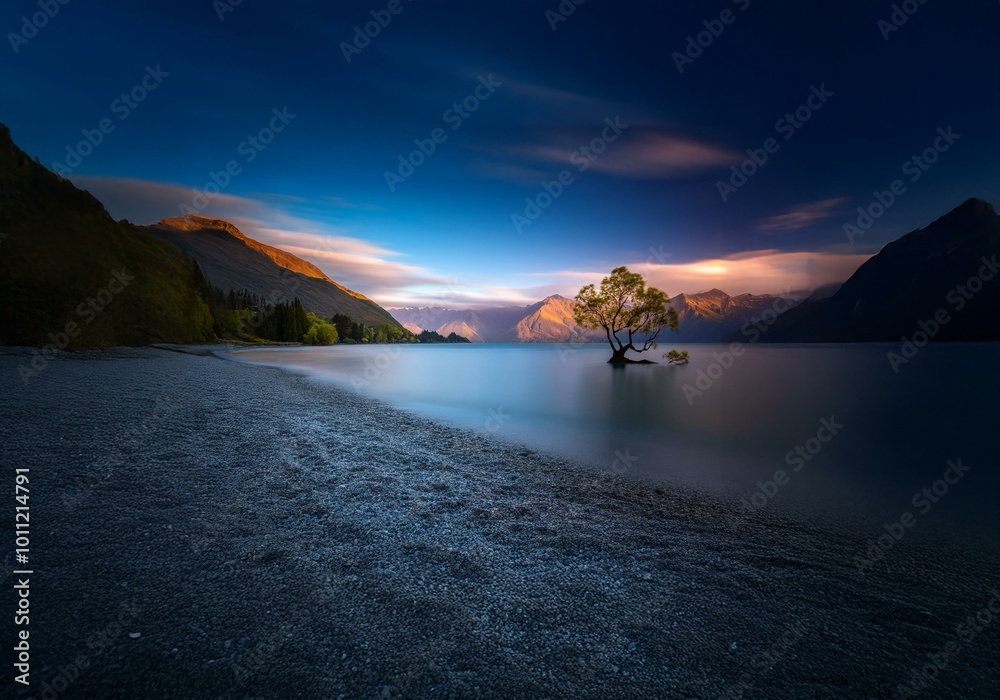 Aufkleber a lone tree stands in a still lake surrounded by mountains and a blue sky at dusk.