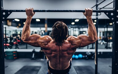 Naklejka premium A muscular man doing a pull up in a gym, showcasing strength and determination.