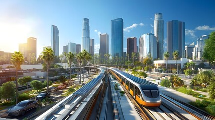 Fototapeta premium A sleek modern urban development featuring advanced transportation systems, such as elevated trains and electric vehicles, alongside energy-efficient buildings with solar panels and green rooftops, 