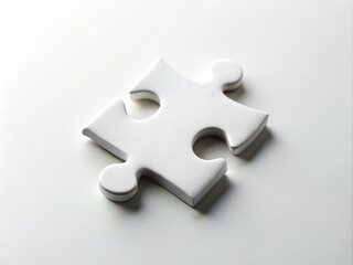 Obraz premium single white puzzle piece rests on bright white surface, showcasing its precise shape and smooth texture. This evokes sense of simplicity and curiosity