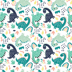 Vector childish seamless pattern with colorful dinosaurs, footprints, stone on a white background. Ideal for baby clothes, textiles, wallpaper, wrapping paper.