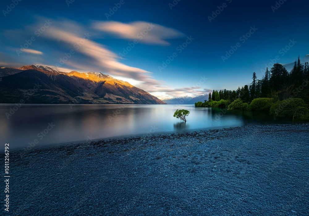 Aufkleber A solitary tree stands in a still lake with a mountain range and a blue sky in the background.