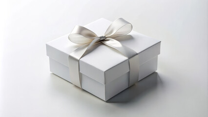 Minimal gift box with crisp edges and precise folds, elegantly adorned with satin ribbon. Perfect for special occasions, this white box adds touch of sophistication to any gift giving moment