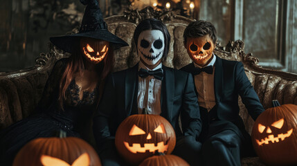 Fototapeta premium Costumed Halloween Celebration filled with enchanting Jack o Lanterns