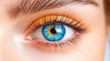 Obraz premium Close-up of vibrant blue eye with golden ring and detailed eyelashes