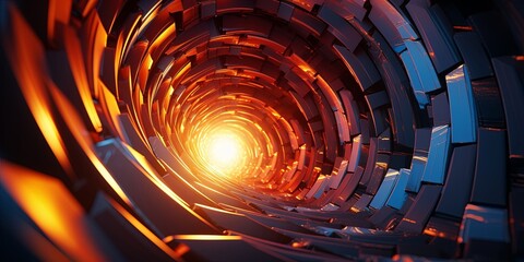 A luminous portal, formed by the convergence of metallic shapes, reveals a blinding light at the end of a spiraling passage.