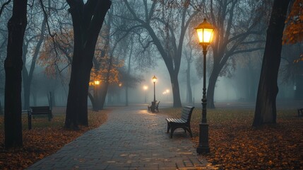 City park in fall with lamp, benches