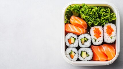 Sushi Lunch Box with Salmon and Vegetables.