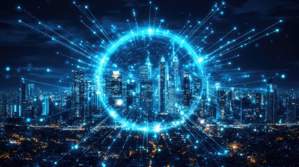 Futuristic cityscape at night with digital interface and glowing blue lights