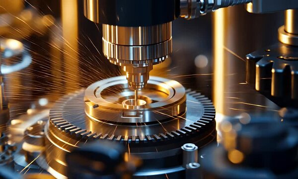 A close-up of a precision machining process with metallic components and tools.