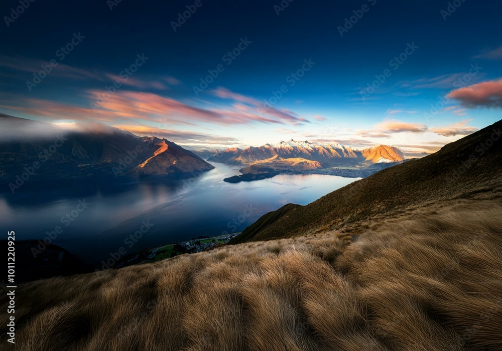 Poster A view from a mountaintop overlooking a lake and valley with a backdrop of snow-capped mountains in New Zealand.
