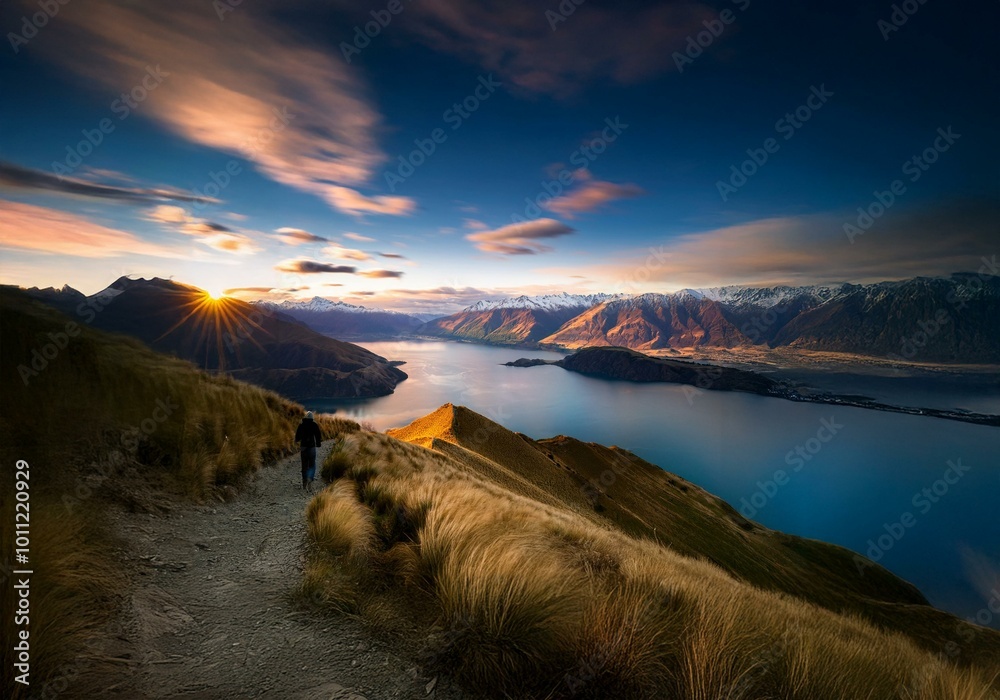 Aufkleber a lone hiker walks a winding path on a mountainside overlooking a vast, snow-capped mountain range a