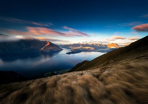 A view from a mountaintop overlooking a lake and valley with a backdrop of snow-capped mountains in New Zealand.