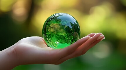 Woman holds green globe.