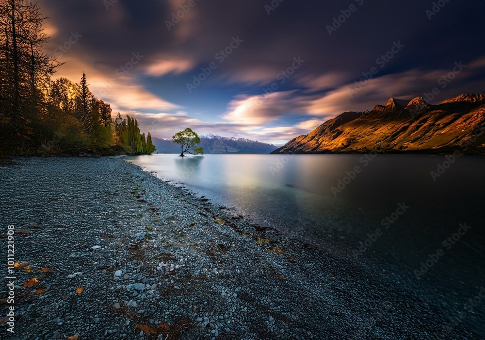 Aufkleber A lone tree stands in a lake with a mountain backdrop, its branches reaching towards the sky.