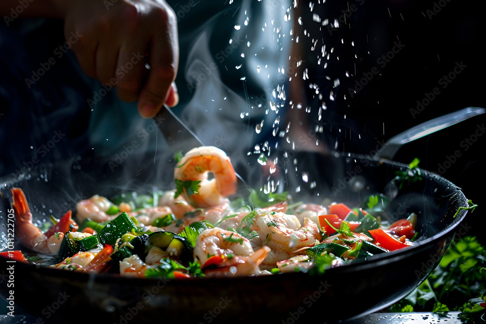 Wall mural a chef’s hand adds shrimp to a sizzling pan filled with colorful vegetables, with steam rising, capt