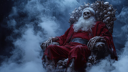 skeleton king dressed as Santa Claus sits on throne adorned with skulls, surrounded by misty atmosphere. eerie scene blends holiday cheer with haunting twist, creating unique visual experience