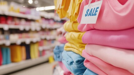 Fototapeta premium Colorful Clothing Display with Sale Tag in Retail Store, AI