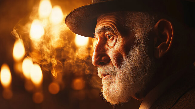 Elderly man in a religious setting representing Jewish beliefs and traditions associated with Hanukkah, Passover, and Yom Kippur