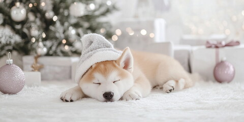 Fototapeta premium A cute Akita Inu puppy in a christmas hat, sitting on the ground, against an Christmas tree with silver decor, and a tree with minimalist decoration in white and greyish violet elements 