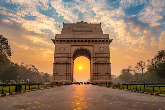 Majestic view of India Gate under a clear blue sky, symbolizing Delhi&rsquo;s rich heritage and history. The iconic sandstone arch stands tall, surrounded by lush greenery and tourists.