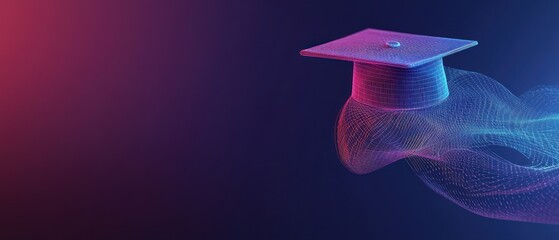 Graduation cap with a digital particle trail against a blue gradient background. with copy space