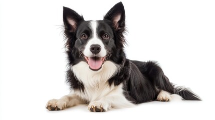 Fototapeta premium Border Collie Dog Lying Down With Tongue Out, Isolated on White Background, Dog Portrait, Pet Photography, Canine, Border Collie ,dog portrait