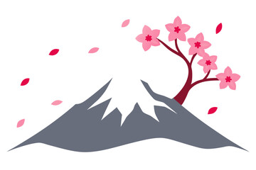 Japanese Mountain Scene with Cherry Blossom Tree Vector Illustration for Tranquil Designs
