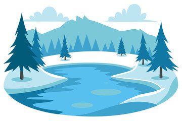 Scenic Vector Art of a Frosty Lake Nestled Amongst Snowy Tree Tops in a Serene Landscape
