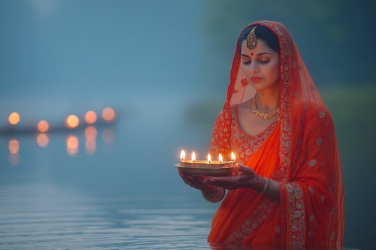 Indian woman in traditional attire performing Chhath Puja with pooja thali by the river