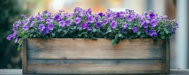 Purple Pansy Blooms in a Wooden Box, Spring Flowers, Garden Decor, Floral Arrangement
