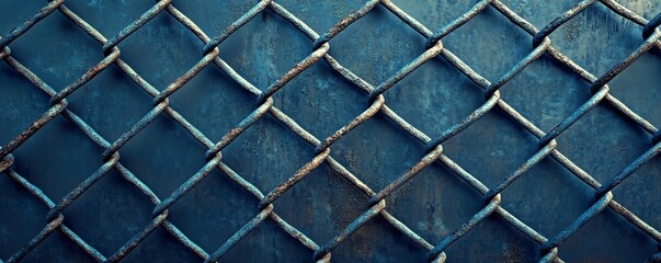 Fototapeta premium Rusty Chain Link Fence, Closeup, Abstract, Blue, Texture, Chain Link, Fence