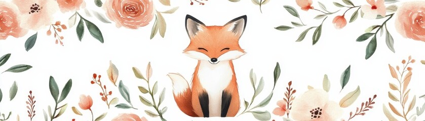 Obraz premium Watercolor Fox in a Floral Frame, Watercolor Illustration, Woodland Animal, Fox, Watercolor