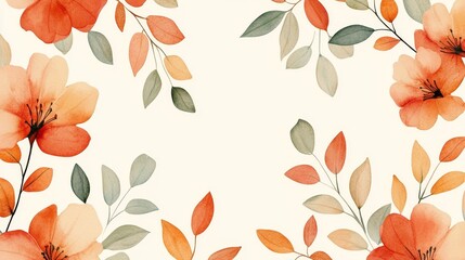 Watercolor Floral Border with Red and Orange Flowers and Green Leaves, Floral Design, Watercolor Art, White Background floral border, watercolor flowers, floral design