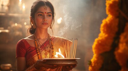 Indian woman holding a pooja plate with incense and flame during traditional Hindu prayer