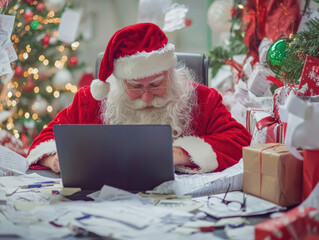 Santa Claus working on laptop surrounded by holiday decorations, presents, and festive papers creates cheerful and busy atmosphere