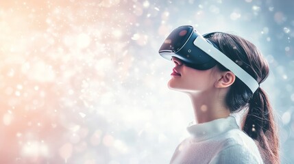 VR concept: woman wears headset, light background.