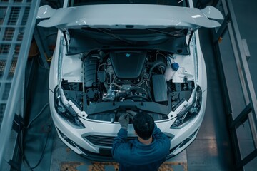 Under the hood. A car mechanic working on the engine of a white car in a modern workshop, car repairs concept, Rear view