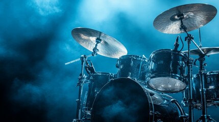 Drum Set on Stage, Backlit with Blue Stage Lights, Live Music Performance Photography