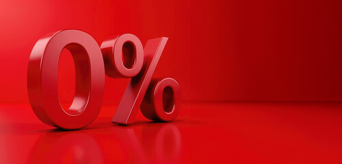 The numeral 0 with 3d effect on a red background with space for text. Zero percent. Concept of interest free promotion, bargain offer, discounts, clearance sale