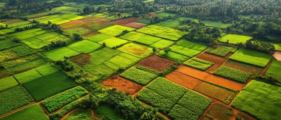 An aerial view of patchwork farmland with various shades of green, brown, and yellow.