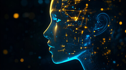  Digital human face profile with glowing neon lines and floating particles on a dark background, symbolizing AI and futuristic technology.