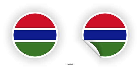 Gambia sticker flag in circle shape and circle peeled shape on white background. Gambia flag icon in circular form.	
