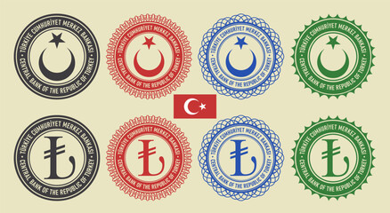 Vector graphic set of financial fictional seals. Round icons with lira symbol, crescent moon with star. Turkish inscription means Central Bank of the Republic of Turkey.
