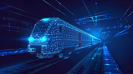  A 3D wireframe model of a train displayed on a digital interface, showcasing intricate design and engineering details with a futuristic and dynamic perspective.
