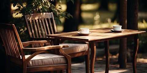 A sunlit wooden table and chairs, an inviting setting for two, with cups awaiting tea or coffee, promising a moment of tranquility.