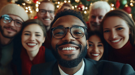 Christmas, portrait and selfie of happy team of business people together for diversity in office celebration. Face, xmas picture and group of friends at party, holiday or consultant at festive event