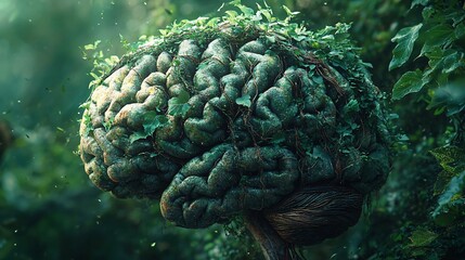 Brain Enveloped in Lush Green Nature